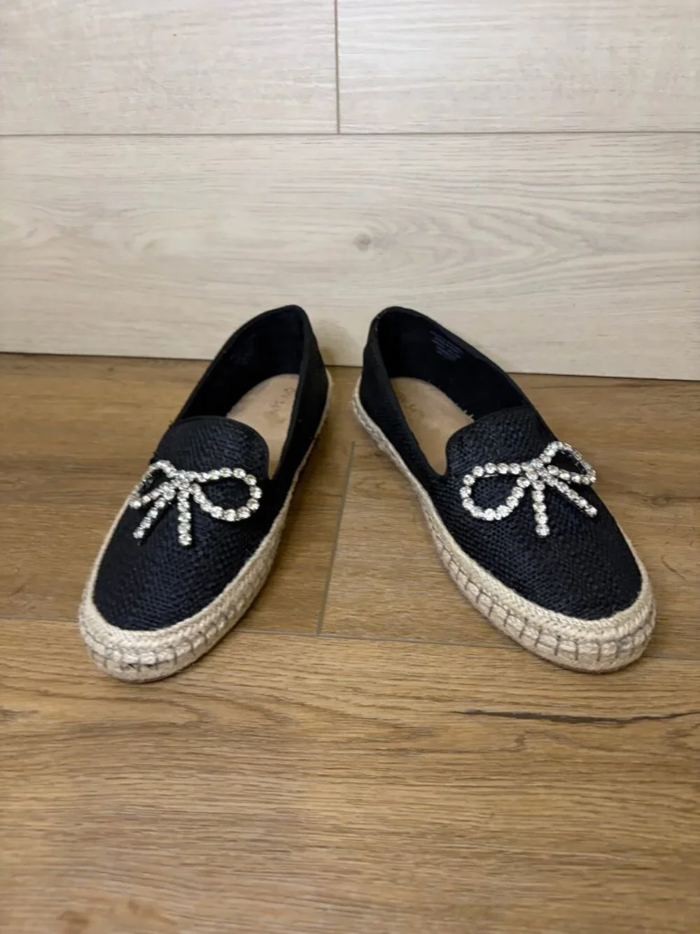 On 34th Jaylaaf Woven Rhinestone Bow Espadrille Loafers Flats Womens Black 10M‎